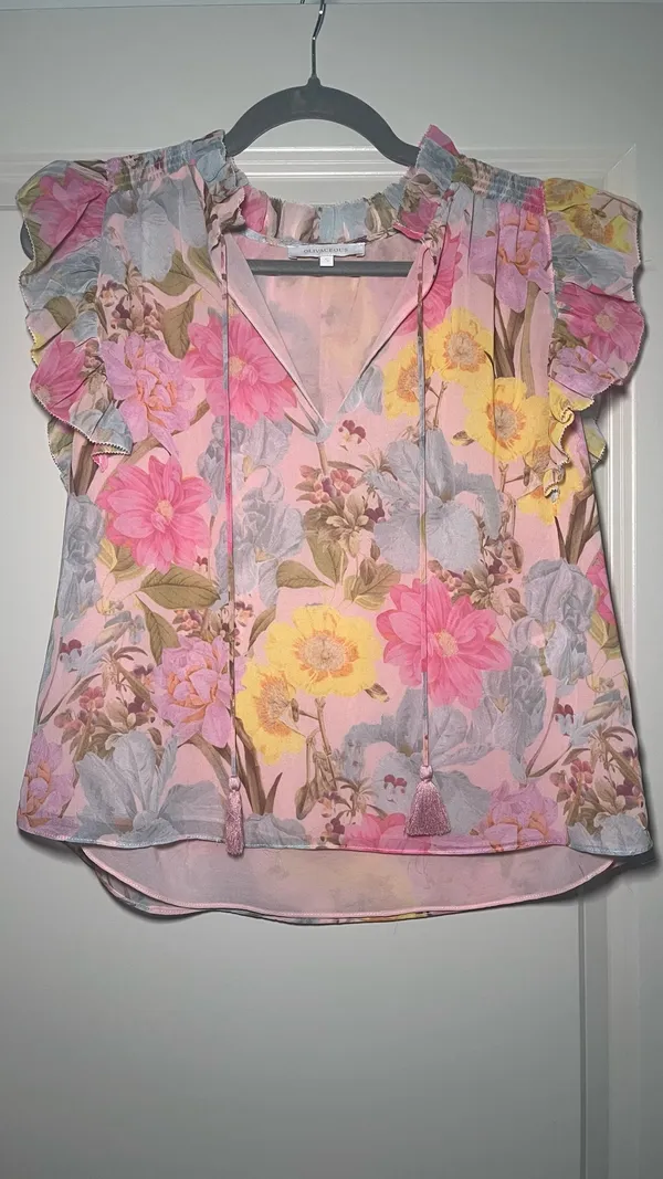 Olivaceous Floral Ruffle Short Sleeve Blouse - Image 4