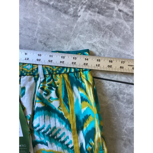 Farm Rio Tropical Tapestry Sand Shorts Teal Yellow Ikat Print Linen Blend S NEW - Image 3