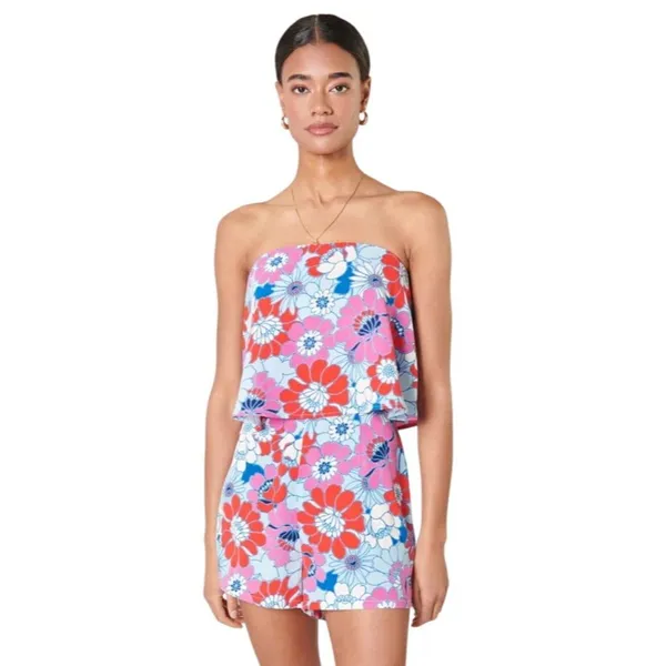 Sugarlips Berry Mix Floral Strapless Romper Size Large Retro Pink Blue White - Image 3