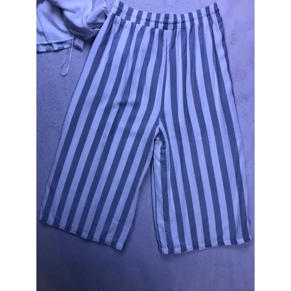 Allie Rose 2 Piece Set Women Small Blue White Striped Crop Top Pants AT5831 - Image 9