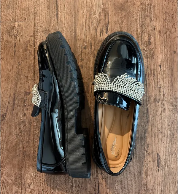 Shiny Black Diamond Fringe NastyGal Chunky Platform Loafers 7 US/38 EU - Image 2