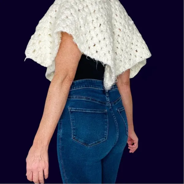 Vintage Handmade Women/Kids Cream White Crochet Poncho Shawl - Image 8