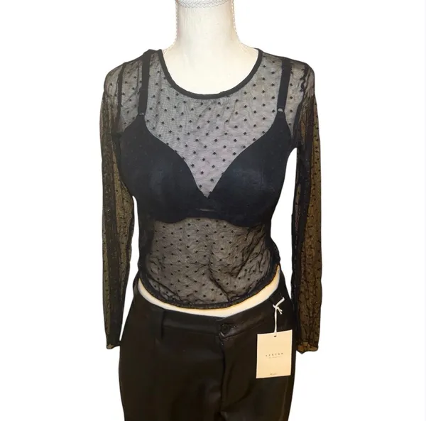 Mind‎ Code Black Sheer Mesh Polka Dot Long Sleeve Top Womens Small Y2K - Image 9