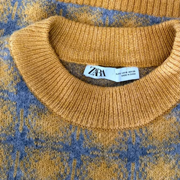 ZARA Chunky Wool Sweater Vest Plaid Star Pattern Yellow Gray Academia Small - Image 11