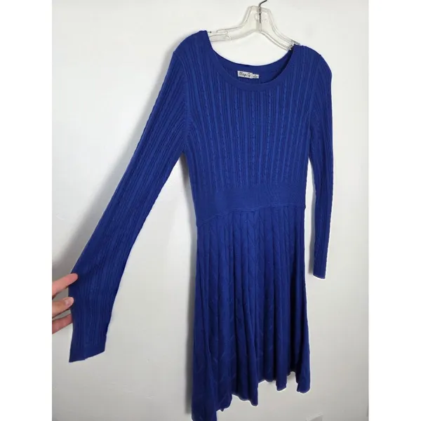 Eliza J Cobalt Blue Cable Knit Midi Dress Chevron Long Sleeve Modest Teacher M - Image 10