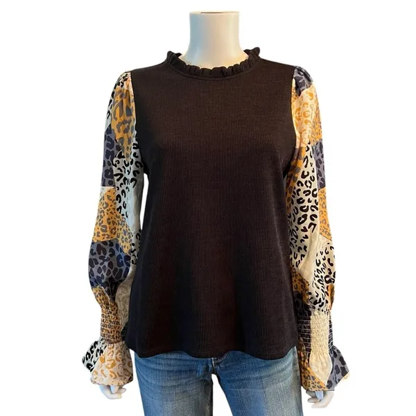 THML Animal Print Sleeve Ribbed Mock Neck Balloon Top Chic Ruffle Coquette L - Image 2