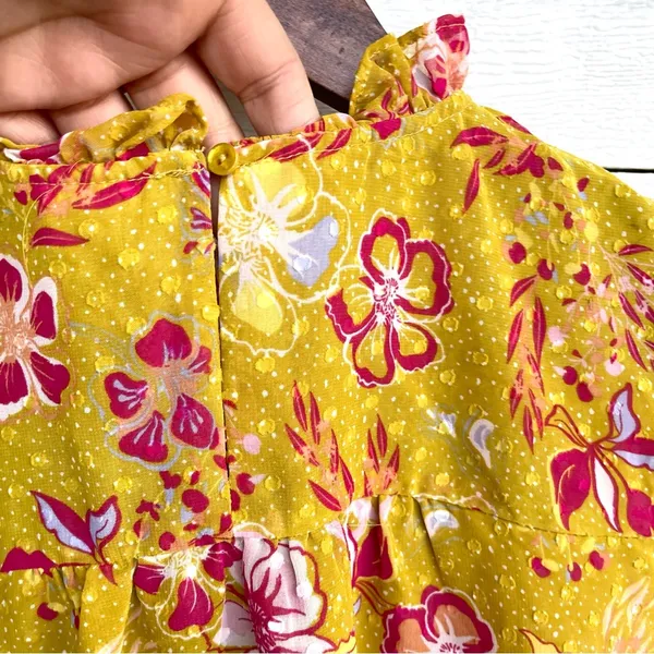 Joie Womens Shirt Blouse Mustard Yellow Pink Floral Ruffed Collar Medium - Image 7