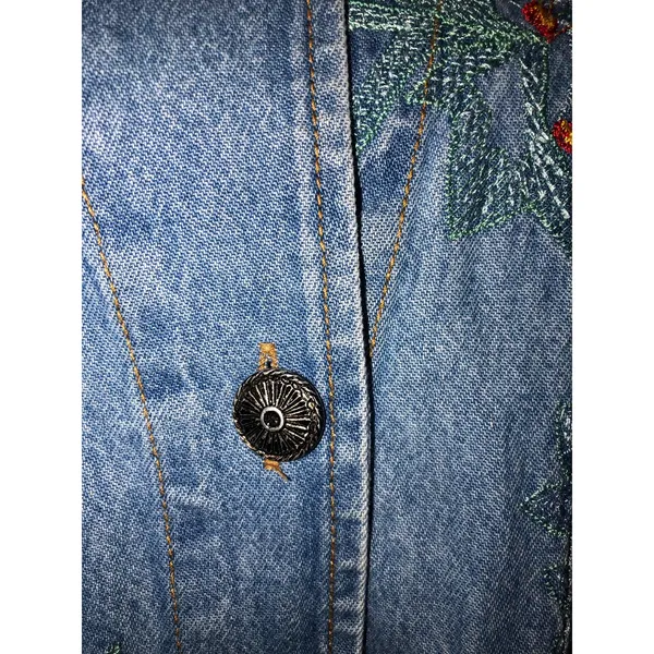 Vintage Embroidered Denim Shacket Shirt Jacket Beaded Floral Artwear Boho Size M - Image 9