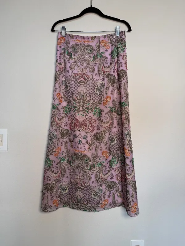 Free People vintage Purple Silk Embellished Floral Long Skirt Size 4 - Image 4