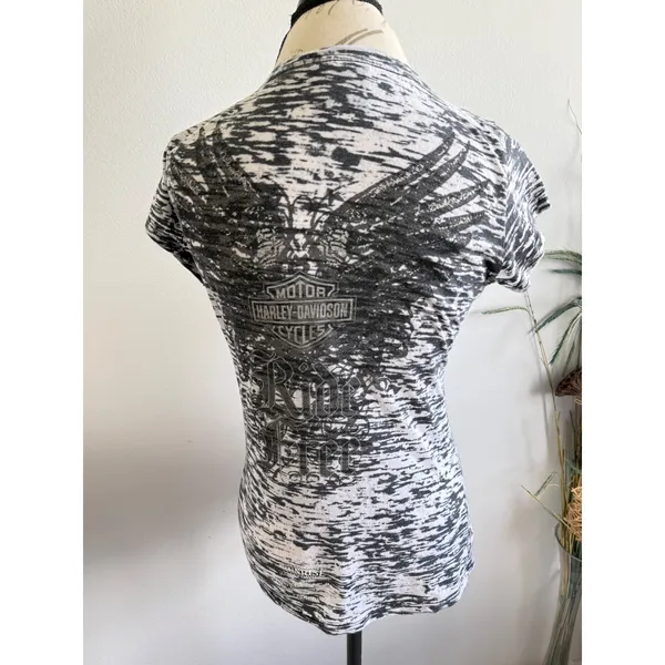 Harley Davidson Womens Black White Space Dye Burnout Graphic V-Neck Tee‎ Sz S - Image 2