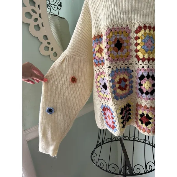 Entro Grannie‎ Square Boho Sweater M Oversize Crotchet - Image 3