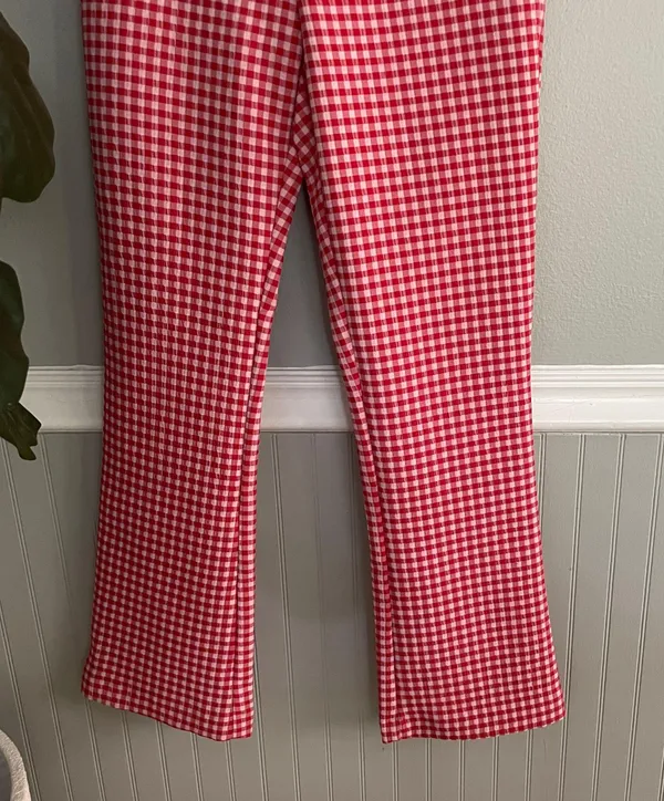 Zara NWT Red Pink Gingham Flare Cropped Pants - Image 6