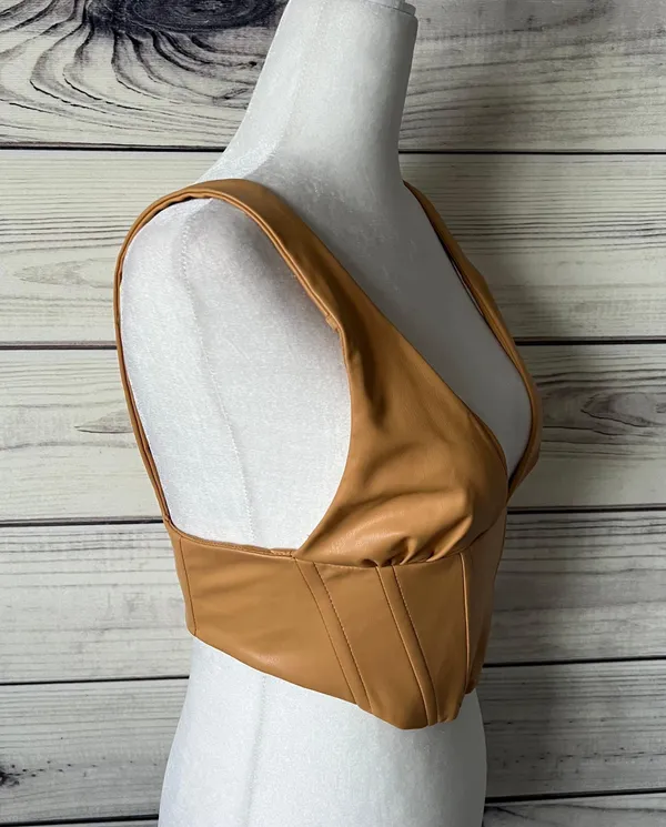 ZARA Tan Faux Leather V Neck Cropped Corset Top - Image 11