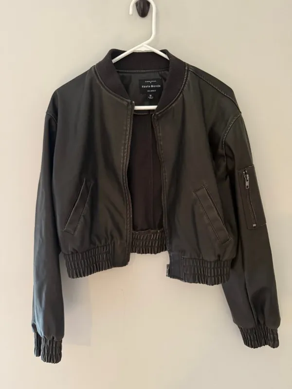 Haute Monde Dark Brown Faux Leather Cropped Bomber Jacket Women’s M - Image 2