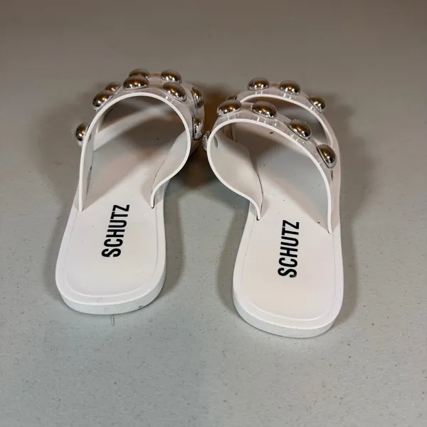 Schutz Lizzie Slide Sandals Womens 6 White Two Band Jelly Design Silver Studs - Image 4