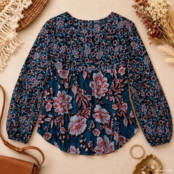 Band of the Free Blue Red Floral V-Neck Long Sleeve Blouse Small NWT - Image 3