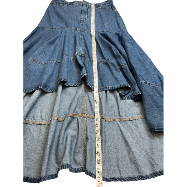 Risen Jeans Blue Denim High Low Tiered Ruffle Maxi Skirt RDS6280 Large‎ - Image 7