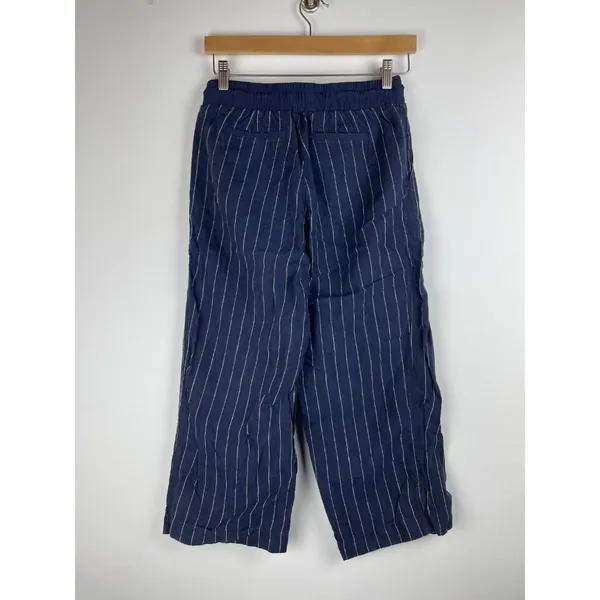 Athleta Linen Pants Womens 2 Bali Wide Leg Cropped Blue Stripe Beachy Pockets - Image 7