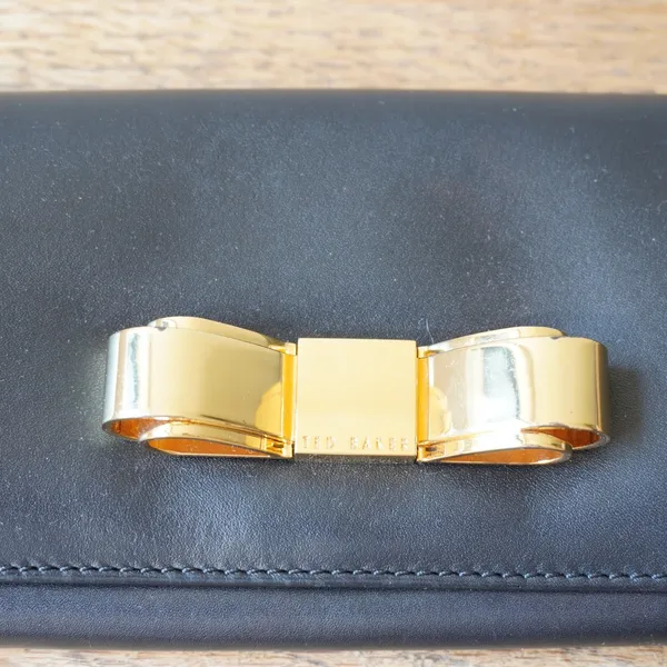 Ted Baker London Black Leather Matinee Wallet Gold Metal Bow Flap Long Clutch - Image 2