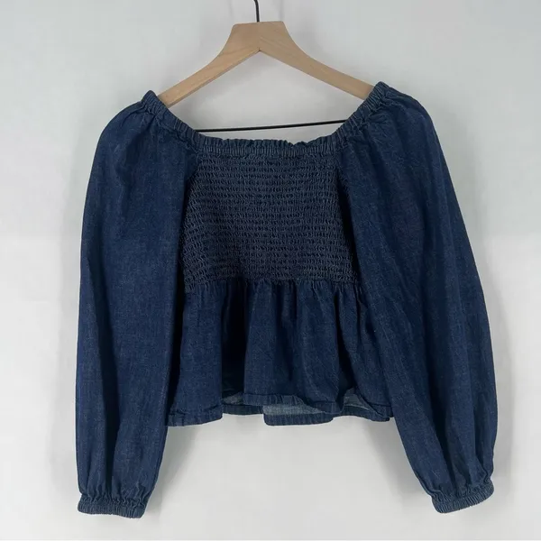 J.‎ Crew Dark Blue Chambray Smocked Puff Sleeve Top Peasant Milkmaid - Image 12