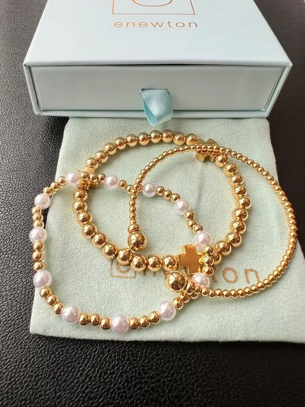 Enewton Women’s Classic Golden Cross & Pearl Bracelets 3 Pcs - Image 2