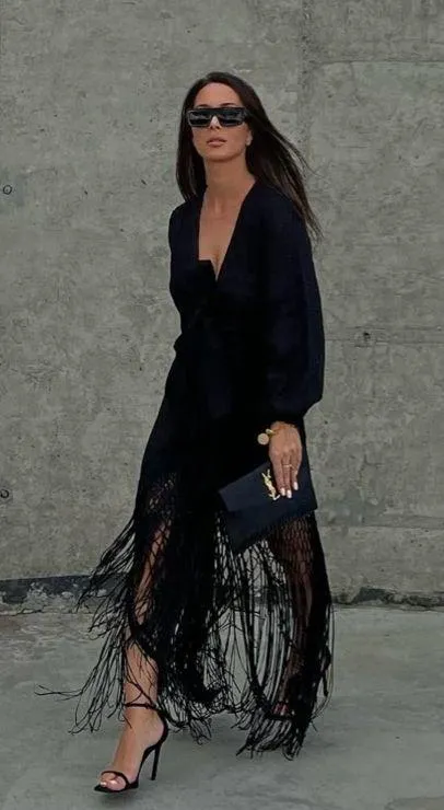 Zara dress midi black linen fringed fringes boho - Image 3