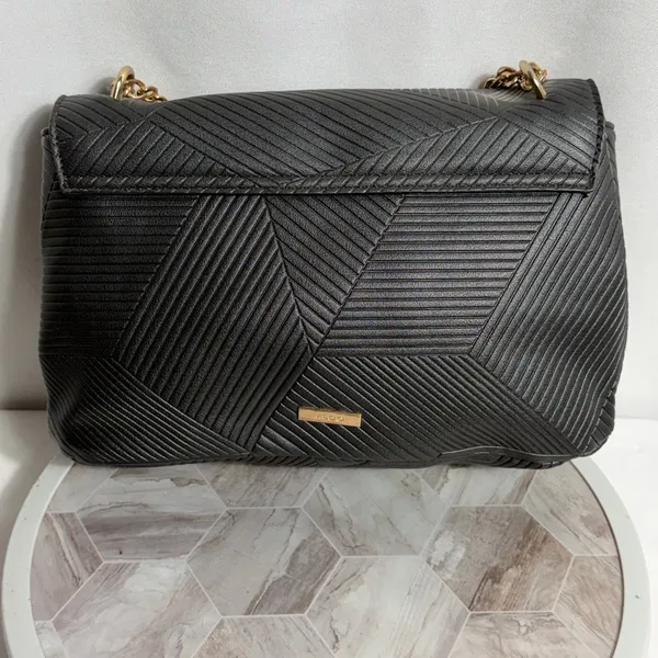 ALDO Black Textured Crossbody Bag Gold Chain Adjustable Shoulder Purse Handbag - Image 4