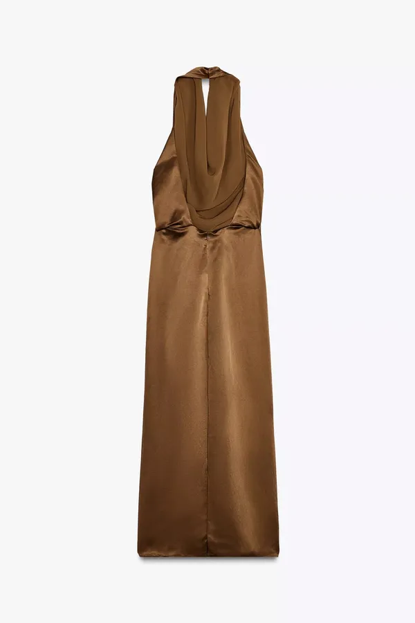 Zara Brown Satin maxi long Dress evening party holiday wedding cocktail gown - Image 7