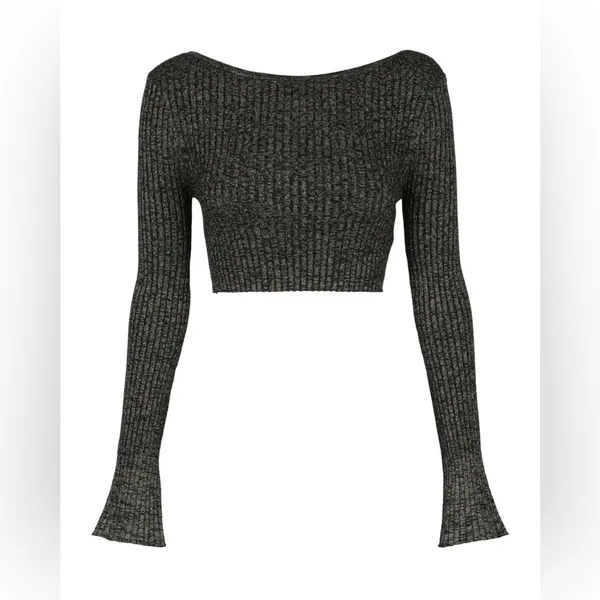 Charlie Holiday Kiara Black Lurex Rib Knit Sweater Long Sleeve Crop Top - Image 6