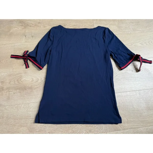 EUC Womens‎ Lauren Ralph Lauren boat neck Navy red stripe bow short sleeve top L - Image 2