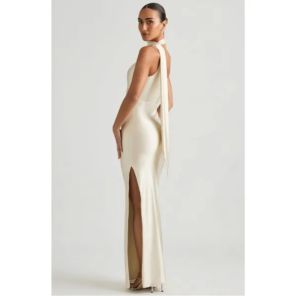 Oh Polly Sheril Asymmetric Scarf-Detail Maxi Dress in Ivory Size 4 New - Image 6