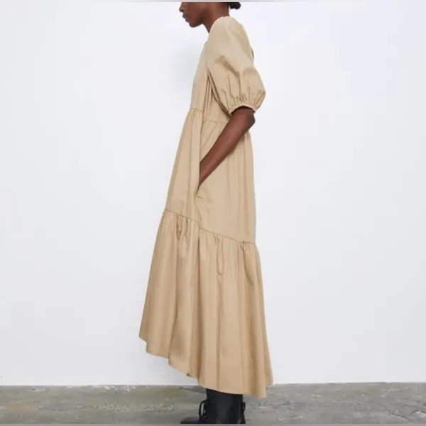 ZARA Asymmetric Puff Sleeve Tiered Cotton Poplin Midi Dress‎ in Camel Size XS - Image 11