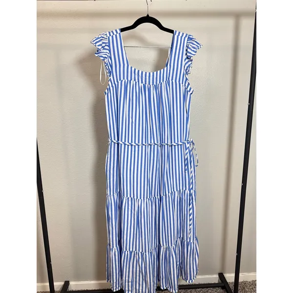 Draper‎ James RSVP Blue White Striped Tiered Midi Dress Ruffle Sleeve Small - Image 3