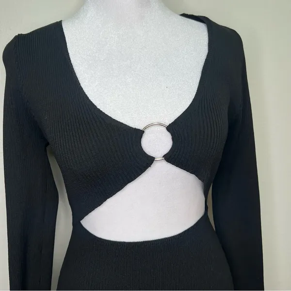 Pretty little thing black ribbed‎ knitted long sleeve Cut-Out Dress size M - Image 4