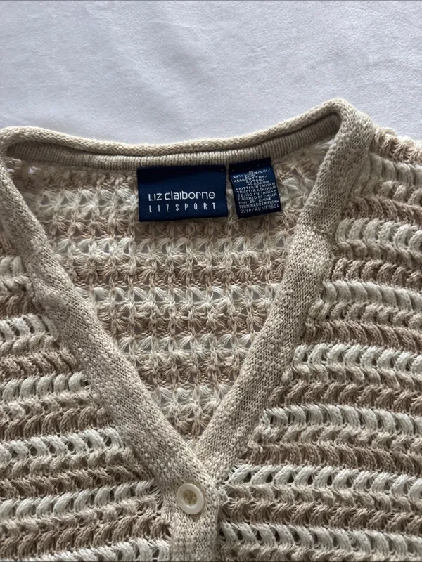 Liz Claiborne Cotten Linen Blend Cream Open-Weave Button Front Cardigan - Image 4