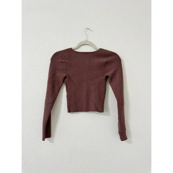Abercrombie & Fitch Ribbed Square Neck Long Sleeve Crop Top Mauve Pink XS - Image 2
