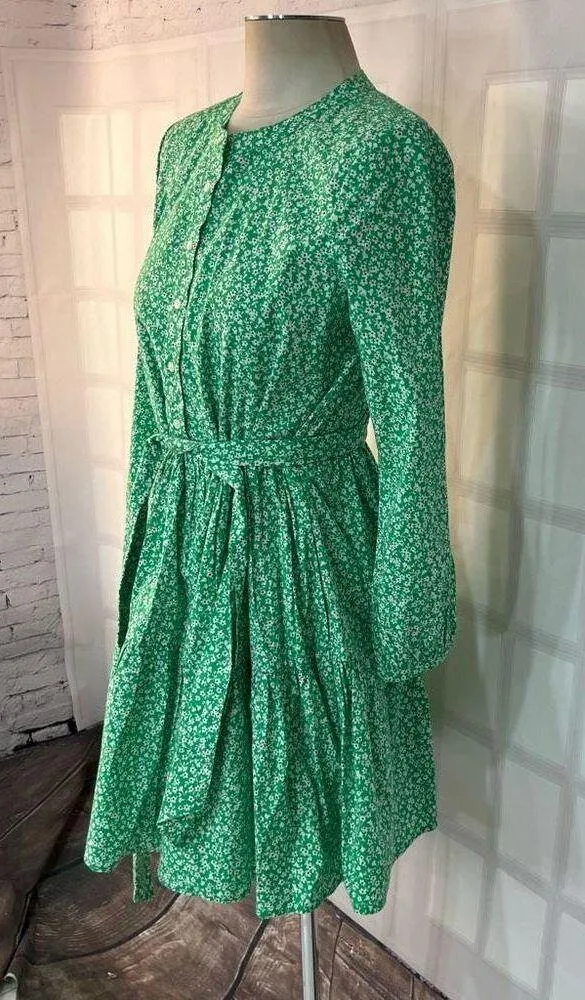 J crew long sleeve tie waist green floral cotton shirtdress size XS - Image 4