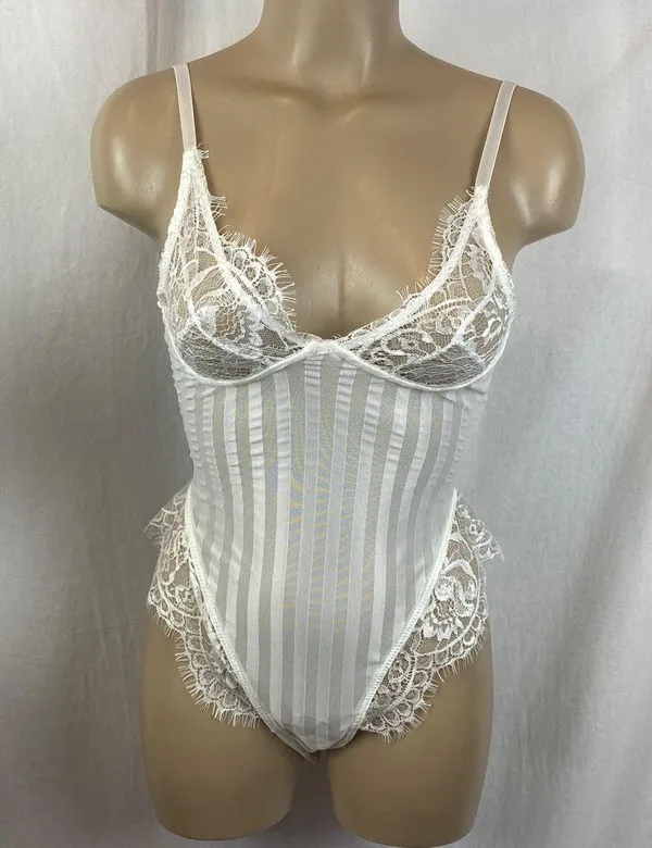 White Sheer Striped Lace Sleeveless Bodysuit From I Saw It First NEW S - Image 2