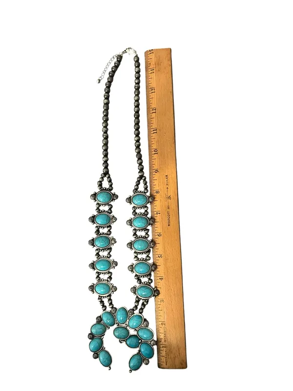 Faux Turquoise Squash Blossom Necklace & Earrings Jewelry Set 3 Pieces Southwest - Image 11