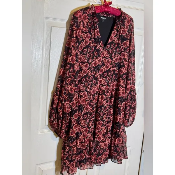 EXPRESS XL Black Mini Dress Black Rose Pink Floral Print Chiffon Flowy Flirty - Image 9