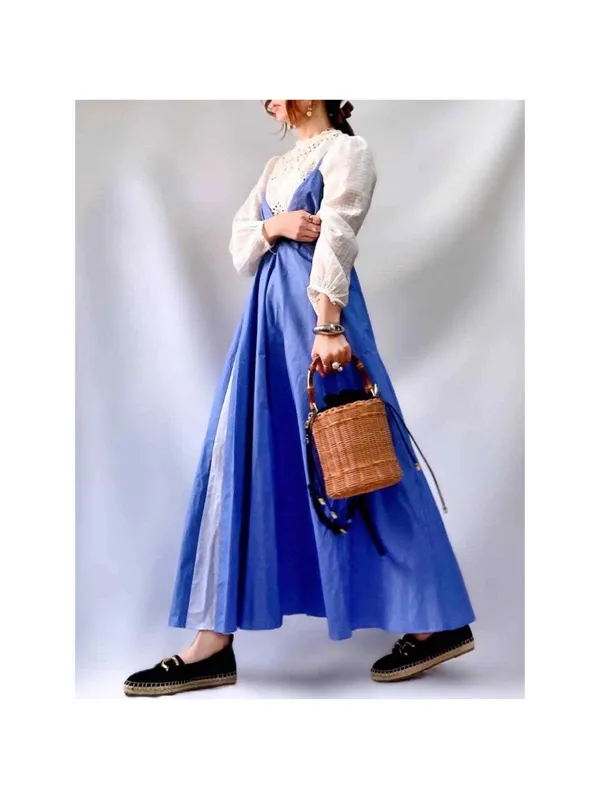 Zara Blue-and-White Panel Spaghetti-Strap Midi Dress - Image 7