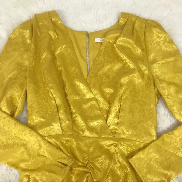 WAYF Yellow Gold Snake Print Long Sleeve Mini Dress Ruched Low Cut Large New‎ - Image 4