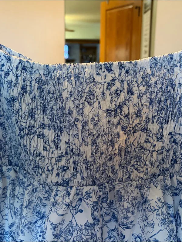Blue & White Floral Smocked Peplum Puff Sleeve Blouse | Cottagecore | Women’s - Image 3