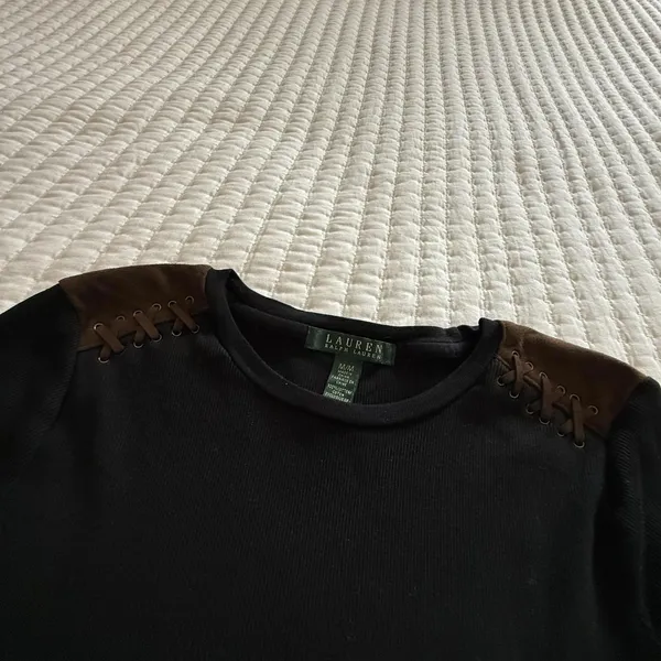 LAUREN Ralph Lauren 3/4 Sleeve Ribbed T Shirt Medium M Black Brown Patches - Image 13