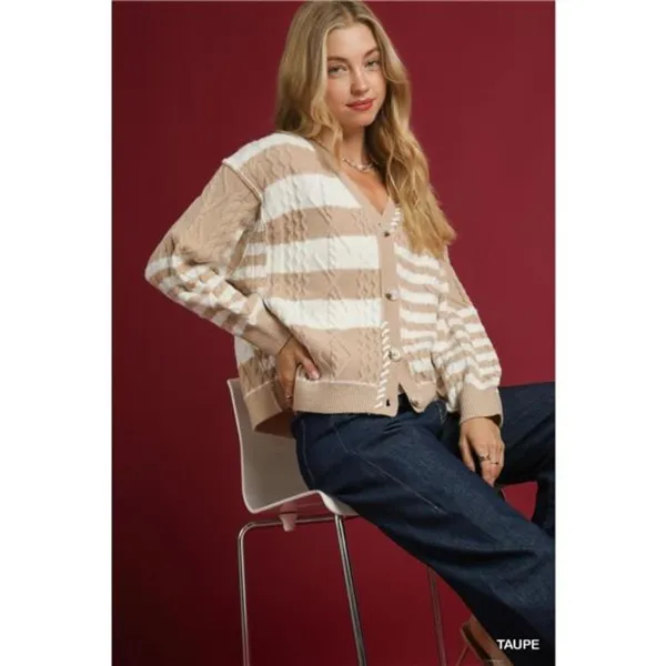 Umgee Cable-Knit Stripe Button-Up Cardigan‎ - Image 2