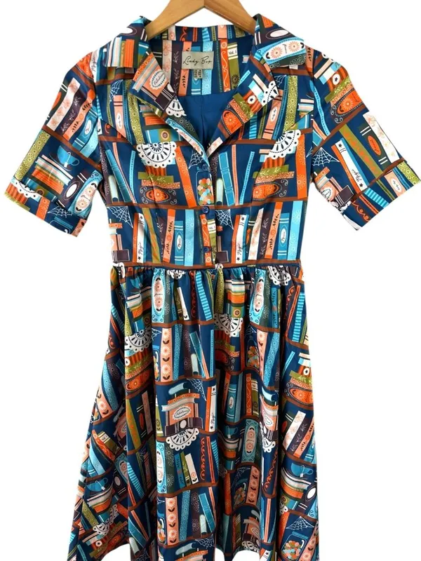 Lindy Bop Bookshelf Print Fit & Flare Shirt Dress Retro Literary Size 4 Books - Image 2