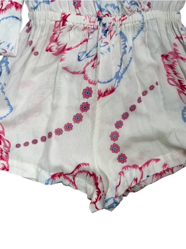 Anthropologie RAGA White Romper with Pink and Light Blue Floral Print - Image 4