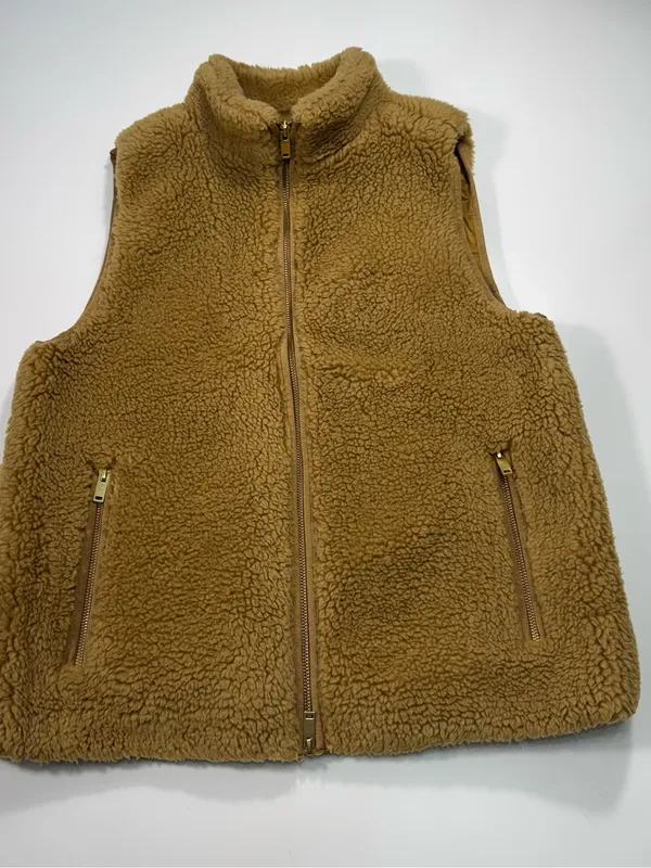 J. Crew Camel Teddy Fleece With Gold Zip Vest Size Medium - Image 2