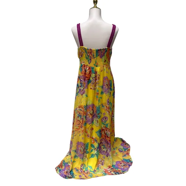 Soft Surroundings Maxi Dress Gown‎ M Yellow Floral Vibrant Empire Waist Garden - Image 5