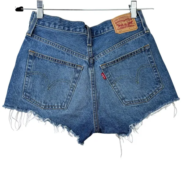 Levi's Medium Wash Button Fly Distressed Mid-Rise Cut-Off Denim Jean Shorts - Image 5